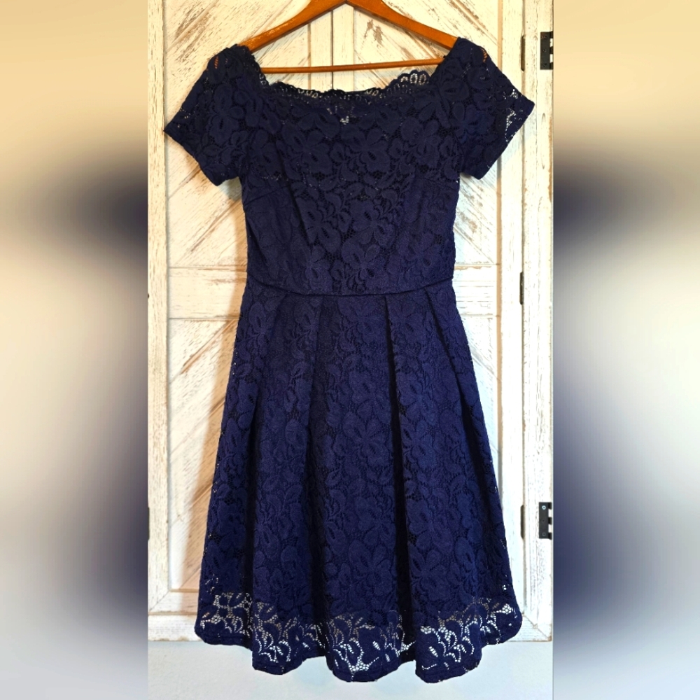 Miss May Navy Blue Lace Fit & Flare Dress Size M Cocktail Wedding Guest